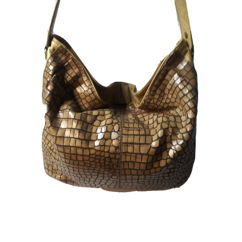Vintage Donald J Pliner Leather Hobo Shoulder Bag Croc Embossed Tan Retail $275
